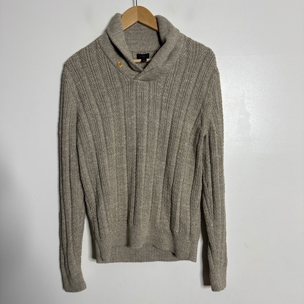 J Crew Small Mens Textured Shawl Collar Sweater Beige Cable Knit Button‎